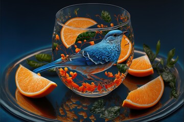  a blue bird sitting on top of a glass filled with orange slices and water on a plate with leaves and flowers around it and a blue background with orange slices of oranges and leaves. Generative AI