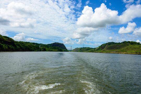 Culebra cut on the Panama Canal. Centennial bridge in the background