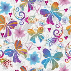 Vector colorful seamless gradient pattern with hearts, flowers and butterflies
