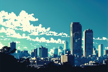  a city skyline with clouds in the sky and a blue sky with white clouds above it and a blue sky with white clouds above it and below it, and below the city below. Generative AI