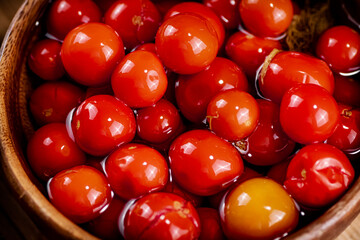 Pickled tomatoes on a plate. Macro background.