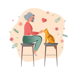 Grandmother and cat sitting on chair vector illustration. Elderly person live alone with pet. Happy modern elderly woman with cat. Grandma and pet with hearts. Granny in love with domestic animal.