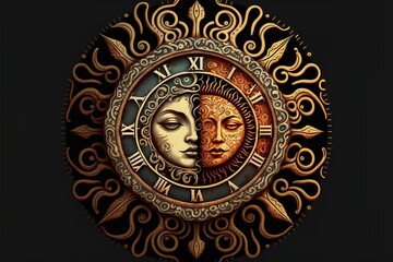  a clock with a face inside of it on a black background with a sun and moon face in the middle of the clock face, with ornate designs on the face of the clock,. Generative AI