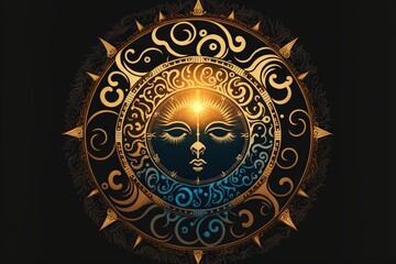  a sun with a face inside of it on a black background with ornate designs and a sun symbol in the middle of the circle with eyes and a third sun in the middle of the. Generative AI