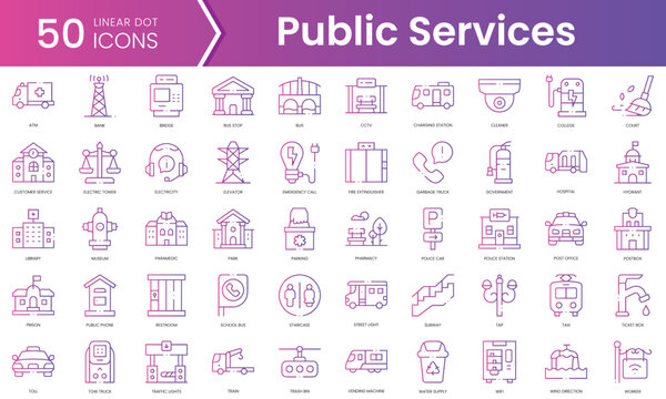 Set of public services icons. Gradient style icon bundle. Vector Illustration