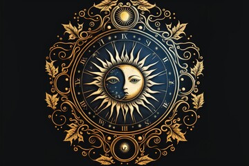  a golden sun and moon with a black background and gold leaves around it, with a black background and gold border around the sun and moon with a gold border around the sun and a. Generative AI