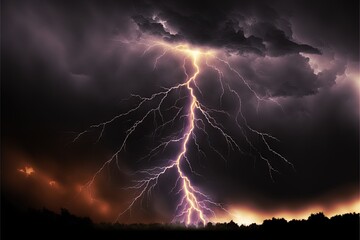  a lightning storm is seen over a forest at night time with a black sky and clouds in the background and a dark orange and yellow hued sky with a few white clouds and a. Generative AI