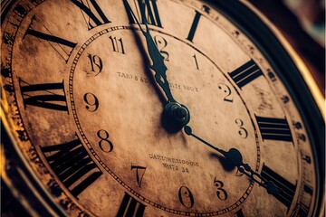  a close up of a clock with roman numerals on it's face and hands, with a gold background and a black background with a black border around the clock face and a gold border. Generative AI