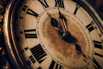  a close up of a clock with roman numerals on it's face and hands, with a brown background and gold frame around the clock face and hands and numbers, and numbers. Generative AI