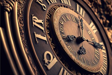  a close up of a clock with roman numerals on it's face and hands and a gold background with a black background and white clock face with roman numerals and numbers. Generative AI