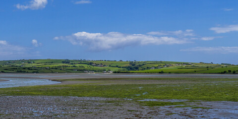 Open seabed after low tide, swamp. Green hilly landscape. White clouds in a blue sky. Irish landscape. The coast of Clonakilty Bay, County Cork.