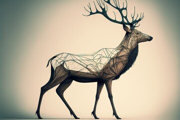  a deer made of wire and a string is standing in a room with a light colored background and a light colored background is also visible for the image of the deer's head and antlers. Generative AI
