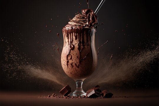  a chocolate milkshake with chocolate sprinkles and chocolate chips on a black background with a spoon in it and a splash of chocolate on the side of the glass with chocolate. Generative AI