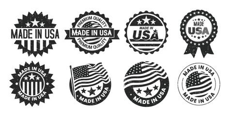 Black and white color of grunge collection of Made in USA badge, emblem, sticker set with American flag isolated on white background.
