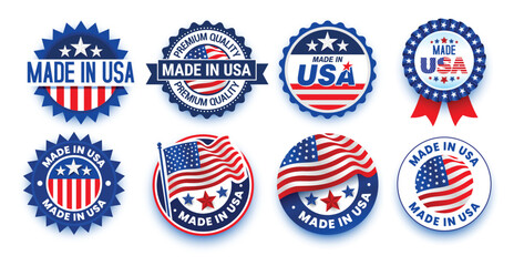 Collection of Made in USA badge, emblem, sticker set with American flag isolated on white background.
