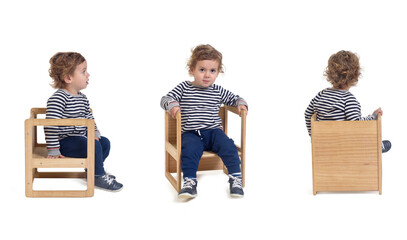 front,side and back view of a same baby boy sitting on chair  on white background