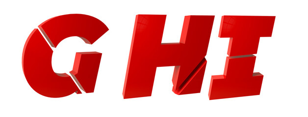 Red cut letters G, H, I. Sliced ​​alphabet. 3D render text template. Isolated background white. Template de texto em 3D render. Isolated. Background white.