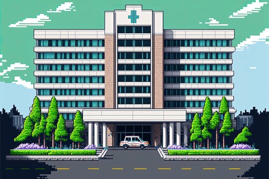 Pixel art hospital, hospital front facade, background in retro style for 8 bit game, Generative AI