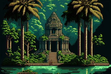 Pixel art Mayan temple, ancient Mayan pyramid in the forest, background in retro style for 8 bit game, Generative AI
