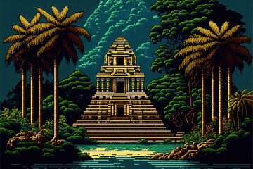 Pixel art Mayan temple, ancient Mayan pyramid in the forest, background in retro style for 8 bit game, Generative AI
 - obrazy, fototapety, plakaty