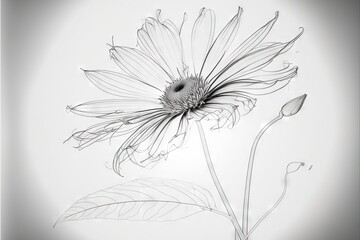  a black and white photo of a flower with a blurry background of leaves and petals on the bottom of the picture is a single flower with a single stem in the center of the picture. Generative AI