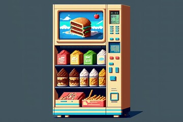 Pixel art snack machine, antique food machine, background in retro style for 8 bit game, Generative AI