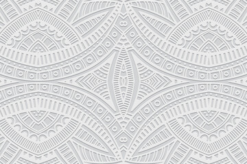 Embossed white background, ethnic cover design. Geometric creative 3d pattern, press paper. Boho style, art deco. Tribal ornaments of the peoples of the East, Asia, India, Mexico, Aztecs, Peru.