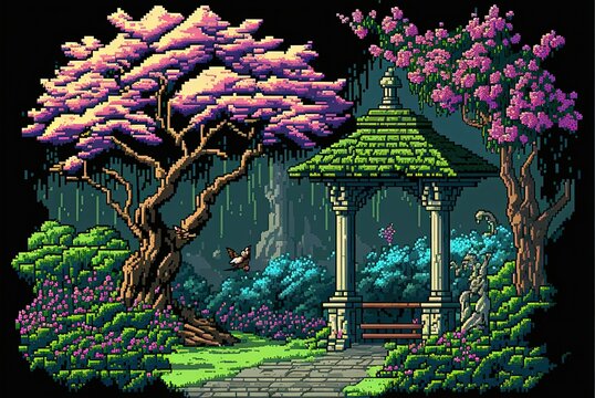 Pixel art fantasy garden in magic forest, mystical garden, background in retro style for 8 bit game, Generative AI