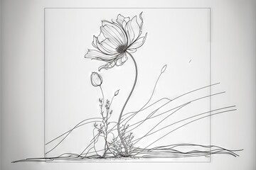  a drawing of a flower in a frame on a wall with grass and flowers in the background, with a white background with a black border and white border with a line of a line. Generative AI