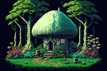 Pixel art mushroom house in fantasy world, enchanted forest with giant mushrooms, background in retro style for 8 bit game, Generative AI
