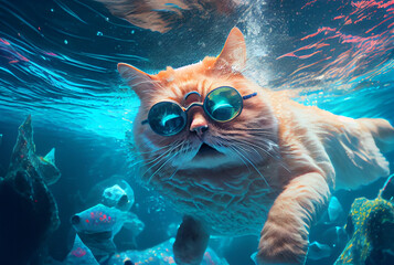 The cat in glasses dives into the water at the sea. Generative AI,