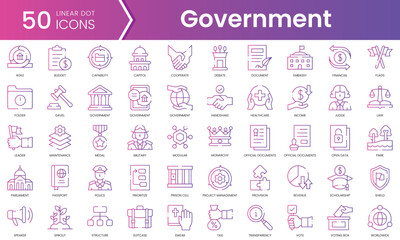 Set of government icons. Gradient style icon bundle. Vector Illustration