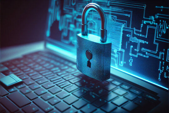 Cybersecurity And Data Privacy Illustration With High-tech Padlock Protecting A Laptop Computer In HD 3D And Electronic Online Information Symbols/graphics.