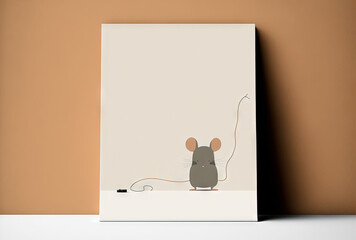  a mouse with a mouse wire attached to it's back end, sitting on a table next to a wall with a brown background and a white background with a brown wall and a white.  Generative AI