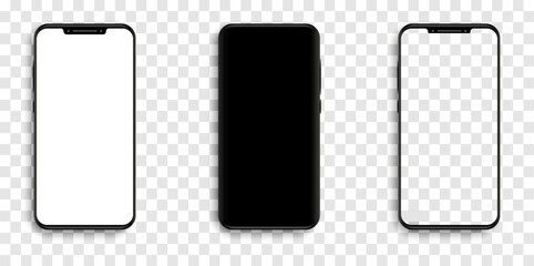 Realistic models smartphone with transparent screens. Smartphone mockup collection. Device front view. 3D mobile phone with shadow on transparent background - stock vector.
