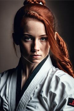 Red head young woman posing wearing her karate uniform looking at the camera serious.  Generative AI