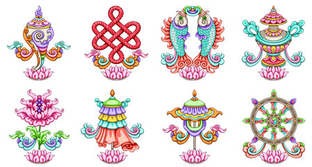 Buddhism symbols eight cliparts vector ashtamangala