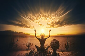 Silhouette of a shaman meditating or praying to the sun god in the middle of the desert during sunset. Ai generative. Digital painting concept art. - obrazy, fototapety, plakaty