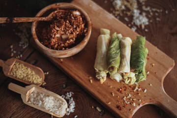 Lahana Sarma, Turkish traditional food,a boiled cabbage leaf that is formed into a roll with a stuffing of rice