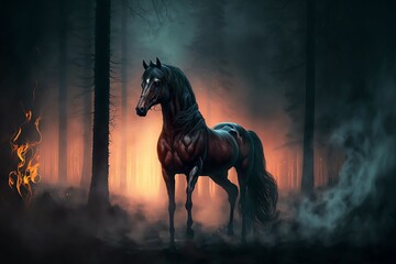 A black horse in a burning forest digital art