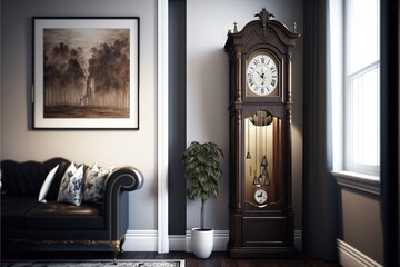  a grandfather clock sitting in a living room next to a couch and a window with a picture on it and a potted plant in front of it on the floor next to the clock.  Generative AI - obrazy, fototapety, plakaty