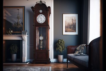  a grandfather clock in a living room with a couch and a painting on the wall behind it and a couch in the corner of the room with a couch and a chair in front of the.  Generative AI - obrazy, fototapety, plakaty