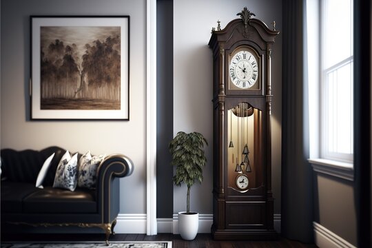  a grandfather clock sitting in a living room next to a couch and a window with a picture on it and a potted plant in front of it on the floor next to the clock.  Generative AI