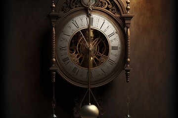  a clock with a pendulum and a bell hanging from it's side on a wall with a light on it's side and a light on the side of the clock is a wall. Generative AI