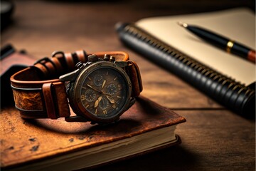  a watch sitting on top of a book on a table next to a pen and a notebook on a table top with a pen and a notebook on it, and a wooden surface with a pen.