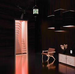 Dark mahogany wood room interior with ceiling chandelier, wall deer head. Design and interior decoration. 3d render.