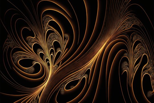  a computer generated image of a golden swirl design on a black background with a black background and a black background with a gold swirl design on the bottom and black background. Generative AI