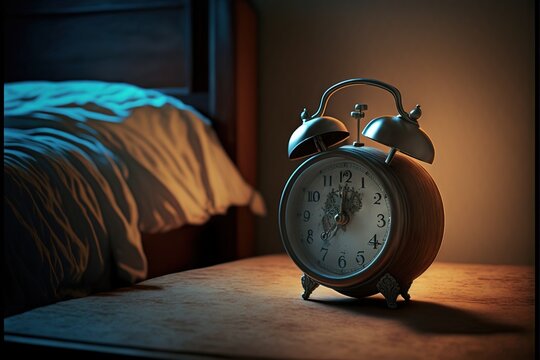  a small alarm clock sitting on a bed in a bedroom with a night light on the nightstand and a bed in the background with a blanket on the bed and a wooden headboard with.  Generative AI