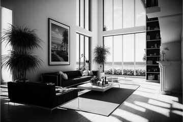  a living room with a couch, coffee table and a fireplace in it with a large window overlooking the ocean and a view of the ocean from the living room with a large window. Generative AI