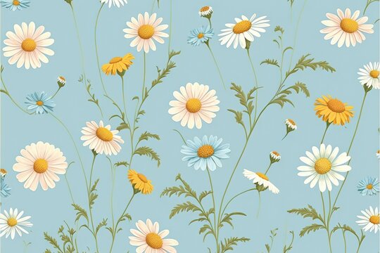  a blue background with daisies and a bee on it and a white and yellow flower on the right side of the image and a blue background with a white and yellow border. Generative AI